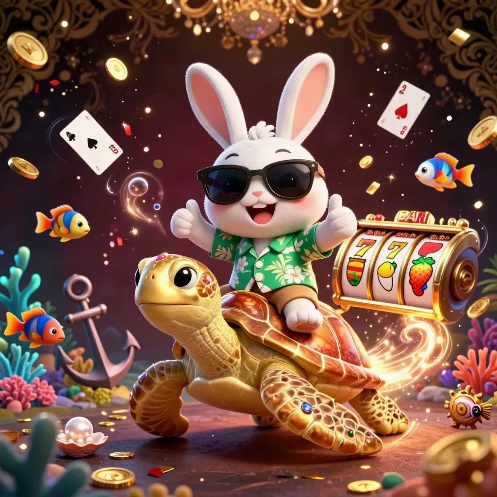 Lucky rabbit rides a jeweled sea turtle through a treasure cove with casino sparkles.