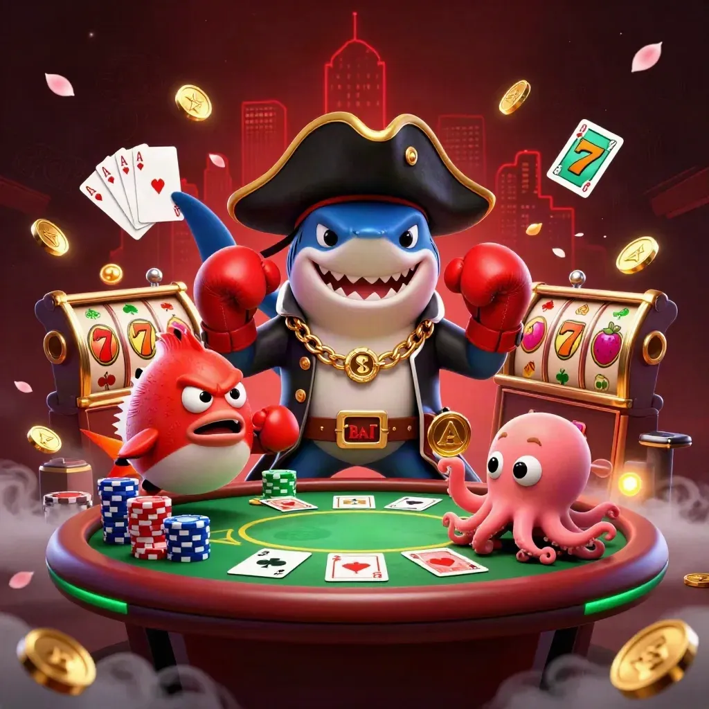 Pirate shark, boxing pufferfish, and coin-juggling octopus amid casino chips and glowing slot icons.