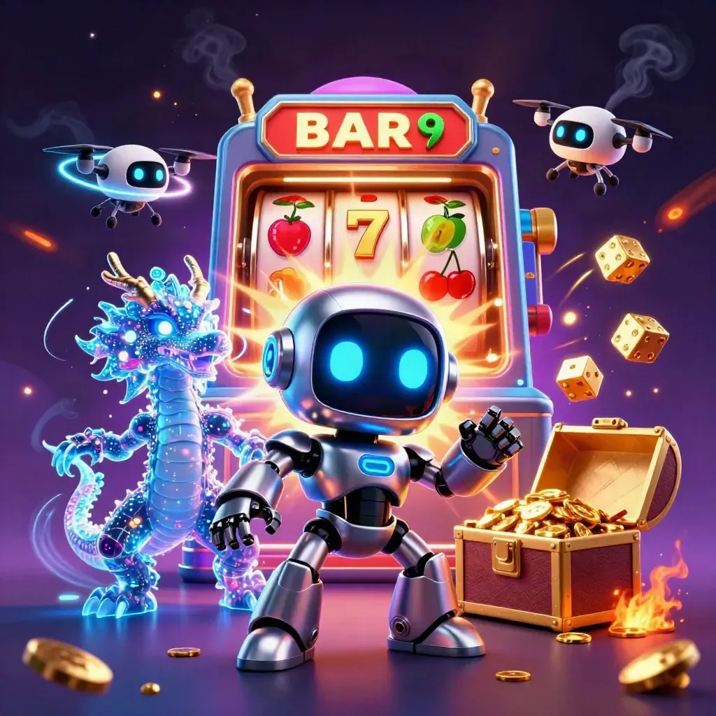 Cyberpunk robot, hologram dragon, coin drone, and jackpot slot machine bursting with gold
