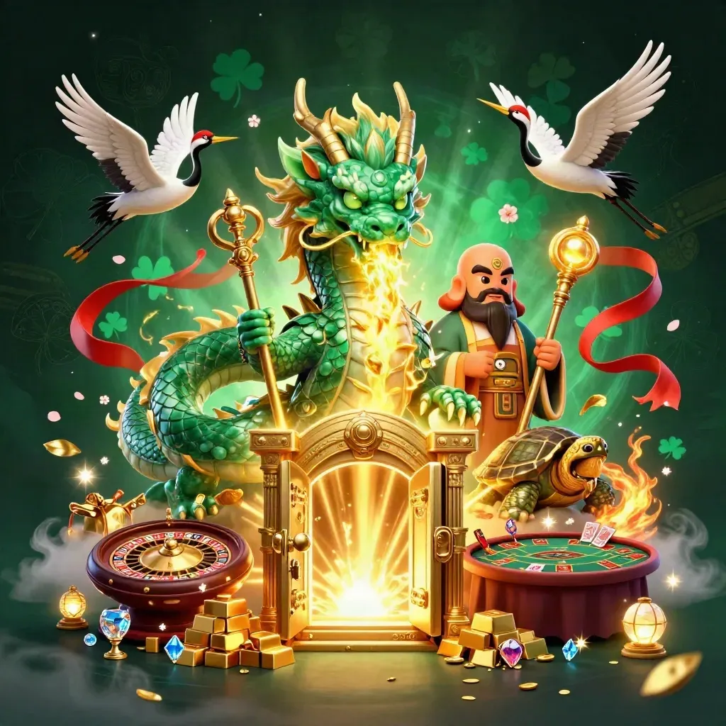 Jade dragon, turtle sage and cranes amid gold vault, cards, gems and casino glow.