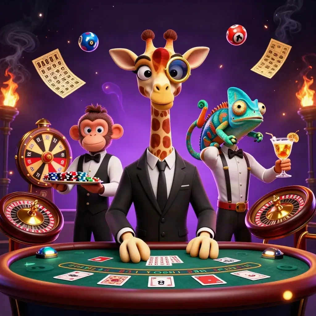 Giraffe high roller, monkey valet, and chameleon bartender amid casino rewards and glowing effects