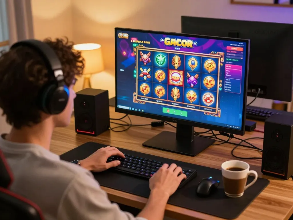 Player engaging with interactive slot gacor games on a modern laptop in a cozy home office setting