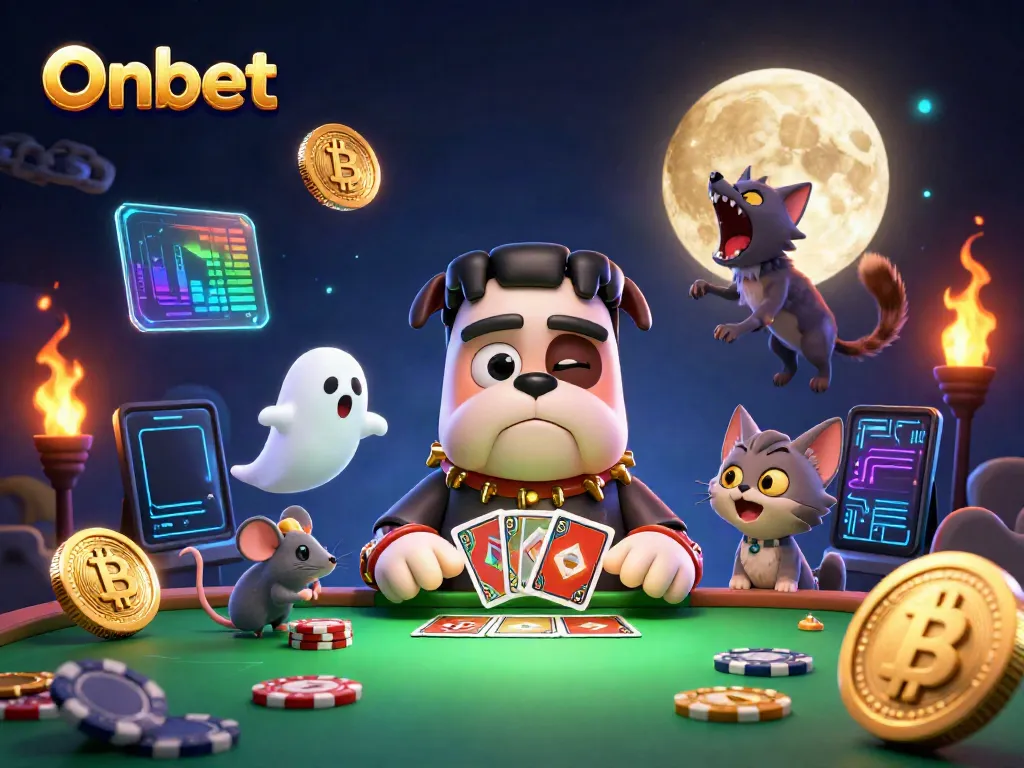 Onbet features a Frankenstein bulldog monster dealing cards in a vibrant casino scene.