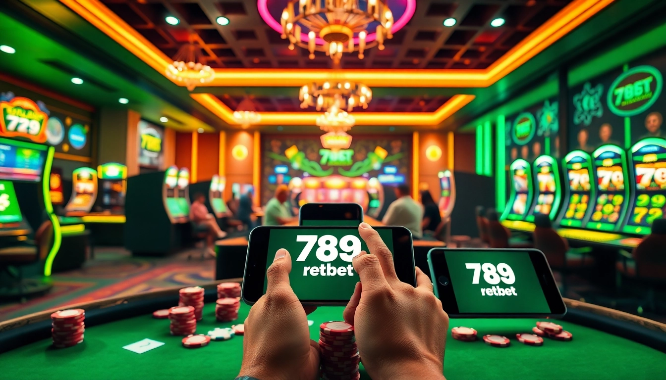 Experience the thrill of 789 bet with vibrant casino visuals featuring poker and slot games.