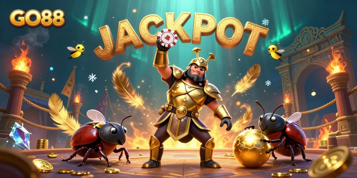 GO88 introduces an energetic scene with a victorious beetle and a golden ball, enhancing online play.