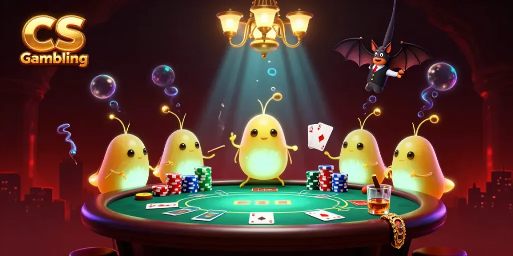 Experience thrilling CS Gambling in a vibrant cave casino illuminated by glowworms, showcasing poker action.