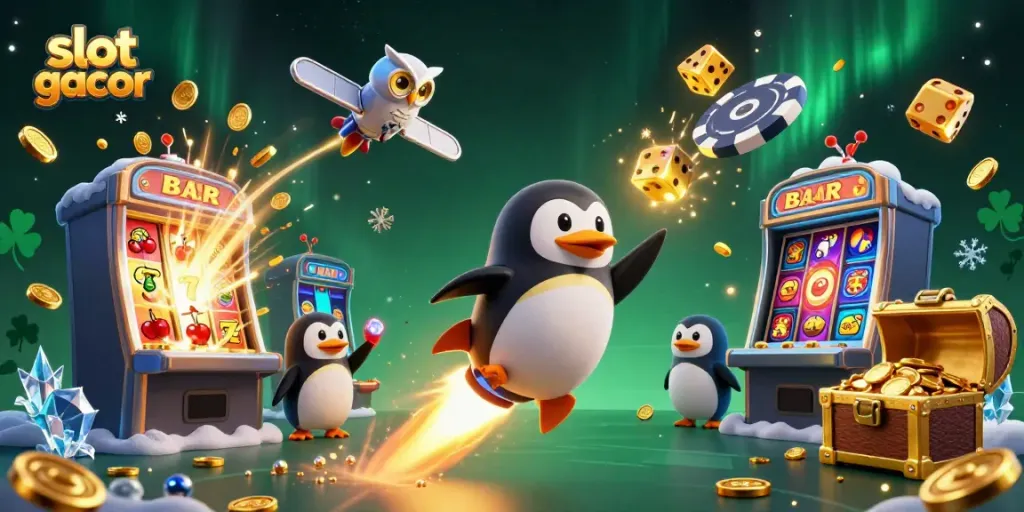 Slot gacor meriah dengan penguin emas dan mesin slot, menambah keseruan bermain.