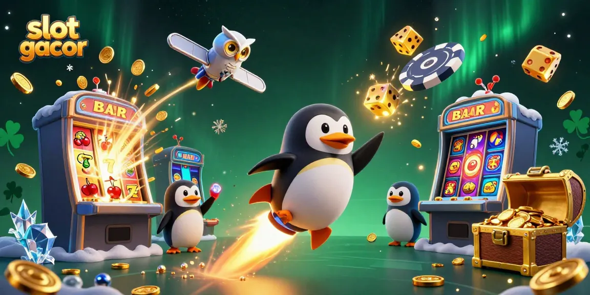 Slot gacor meriah dengan penguin emas dan mesin slot, menambah keseruan bermain.