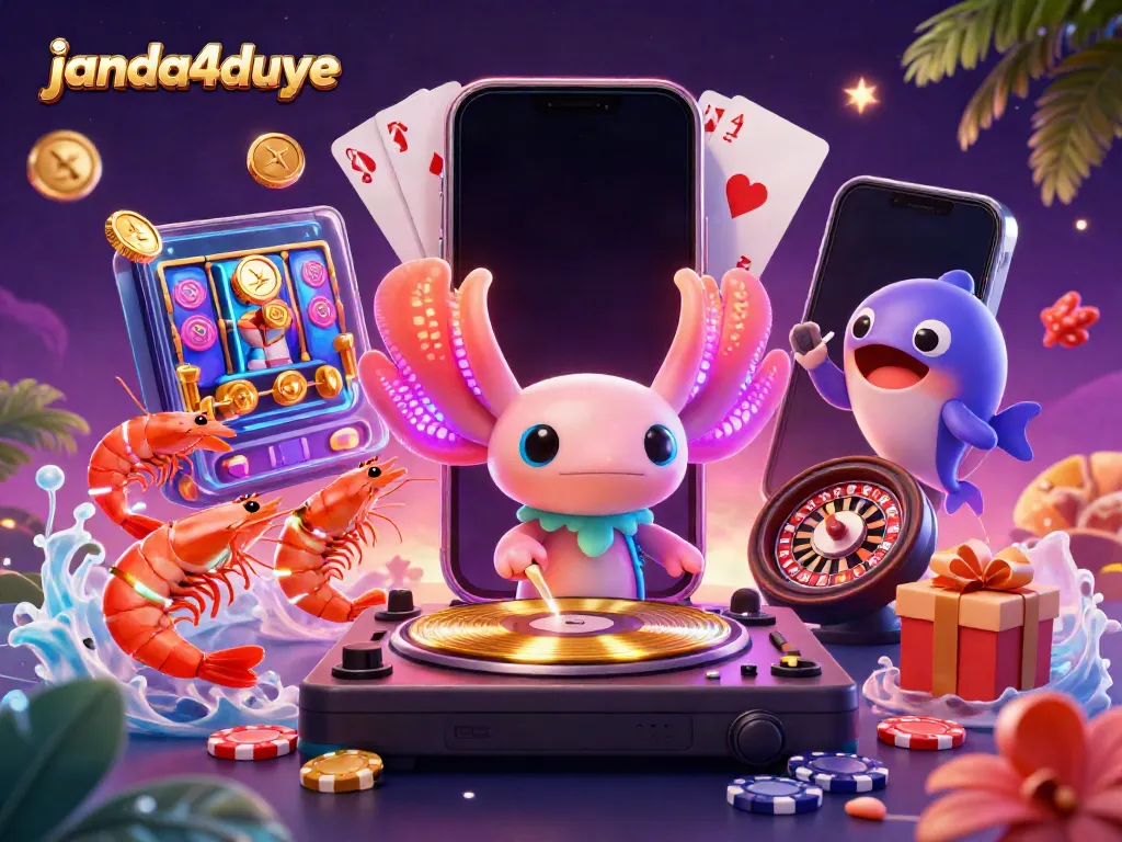 Permainan slot JANDA4DUYE: DJ axolotl neon, udang berdansa, dan uang emas berhamburan.