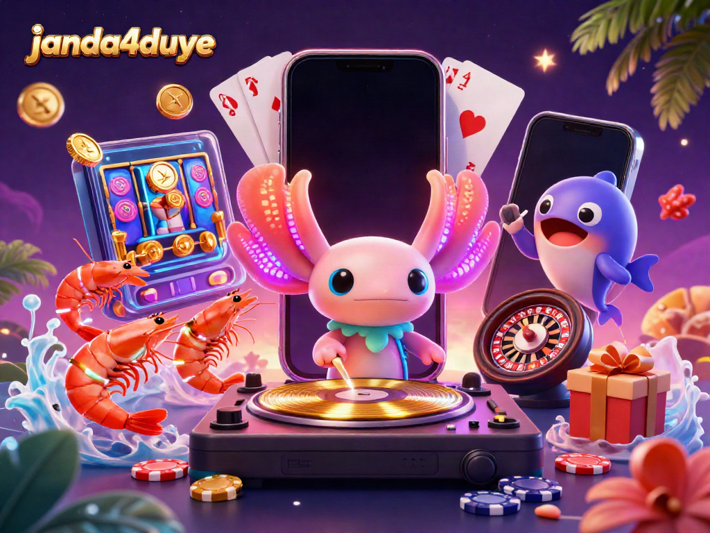 Permainan slot JANDA4DUYE: DJ axolotl neon, udang berdansa, dan uang emas berhamburan.