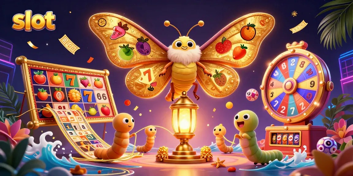 Slot gulung menang besar dalam ilustrasi dengan kupu-kupu 3D dan elemen kasino kaya.