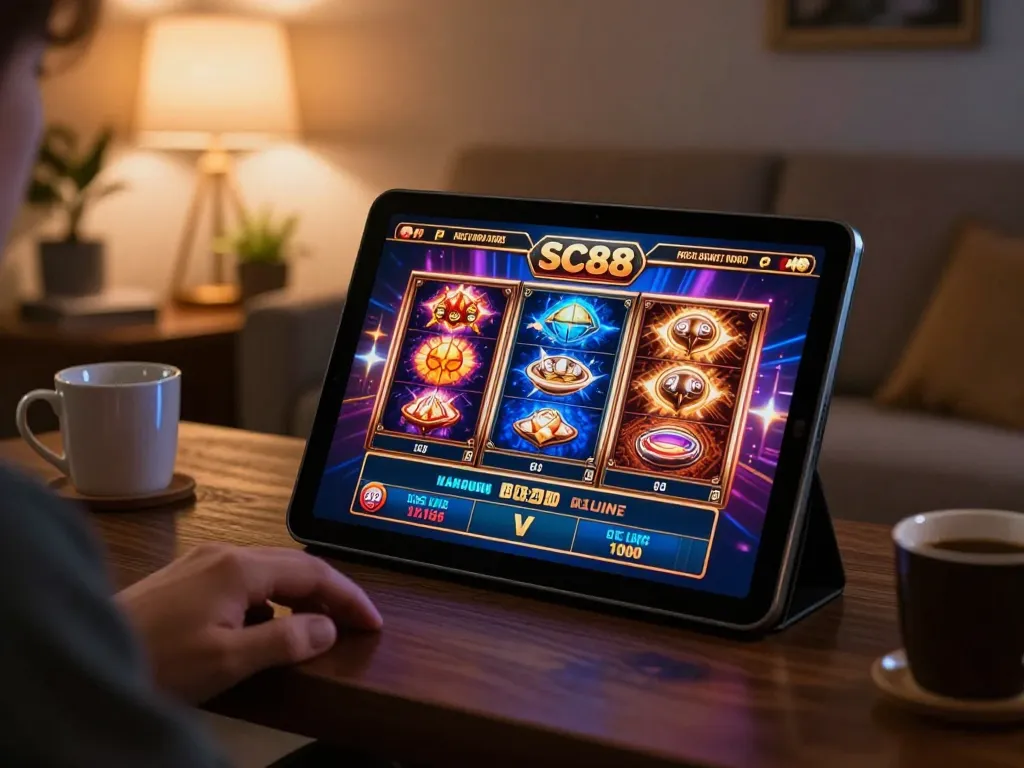 Player engaging with SC88's online casino on tablet, showcasing vibrant slot games and live dealer action