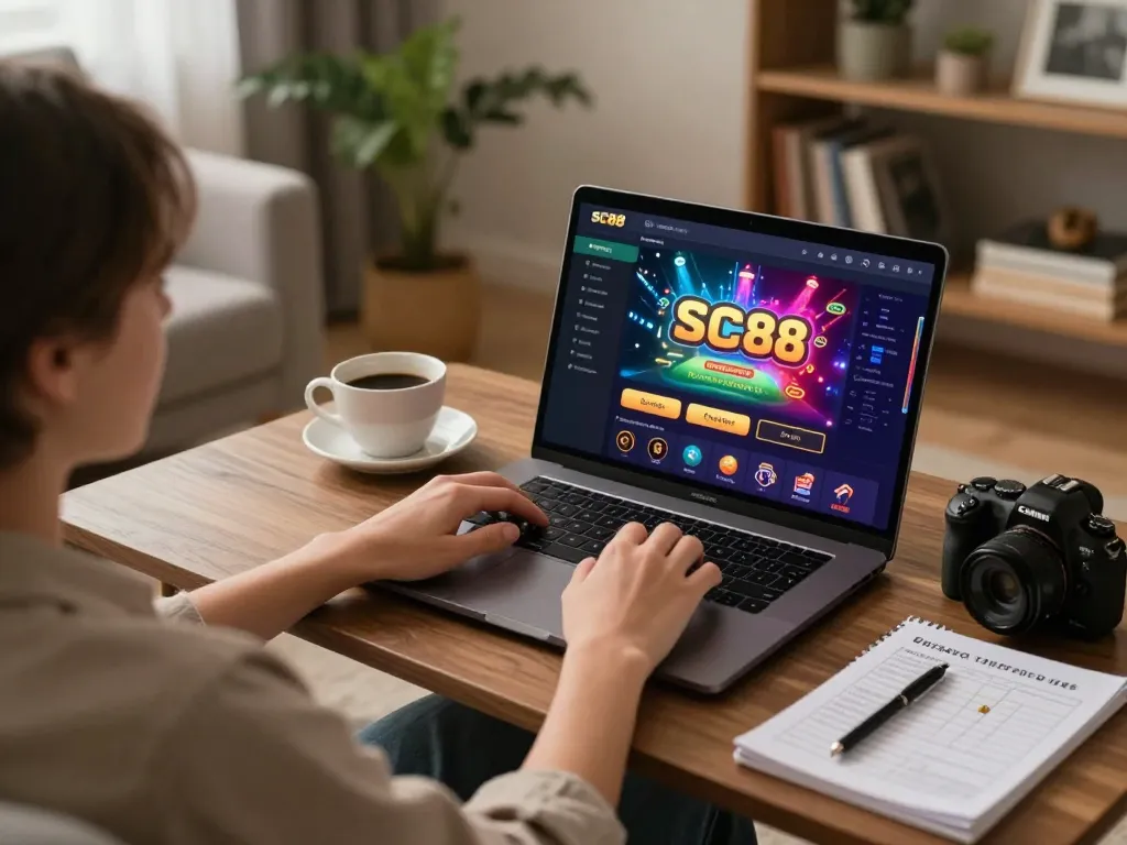 Engaging SC88 online casino gameplay on a laptop in a cozy home setting, with strategy notes visible.