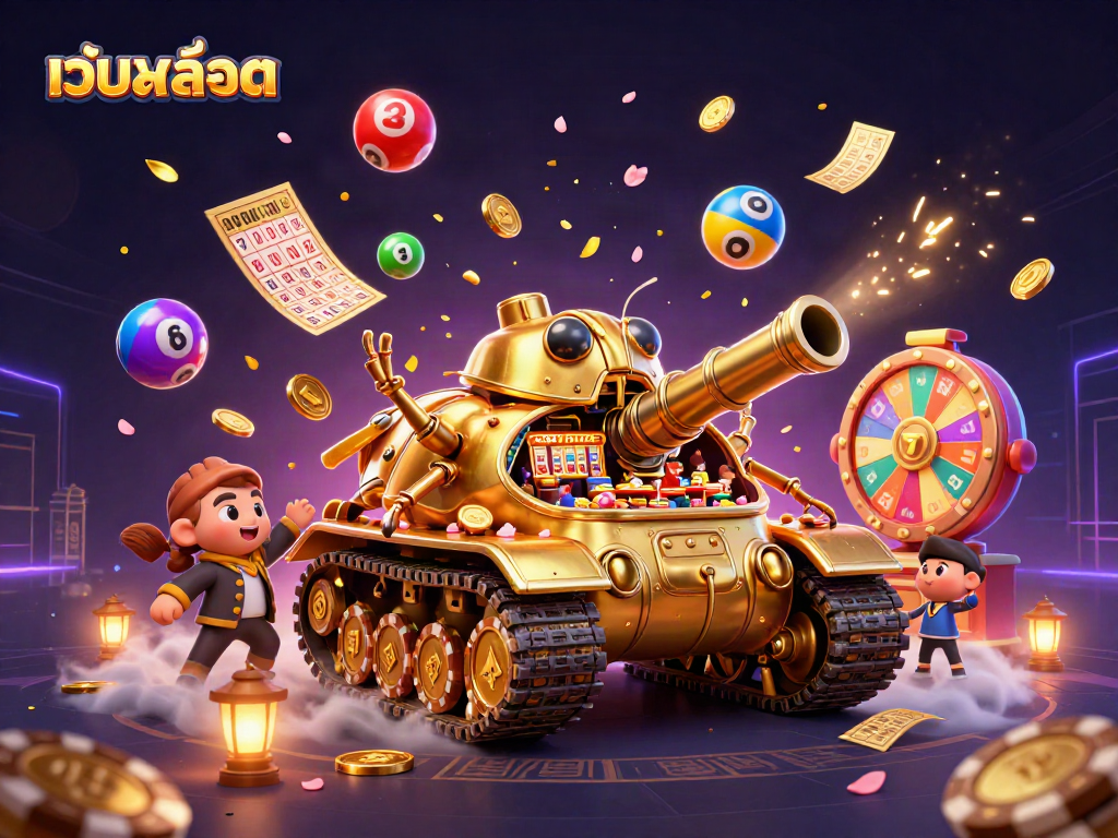 Experience เว็บสล็อต in an ultra-detailed 3D scene with vibrant casino elements and dynamic lottery action.