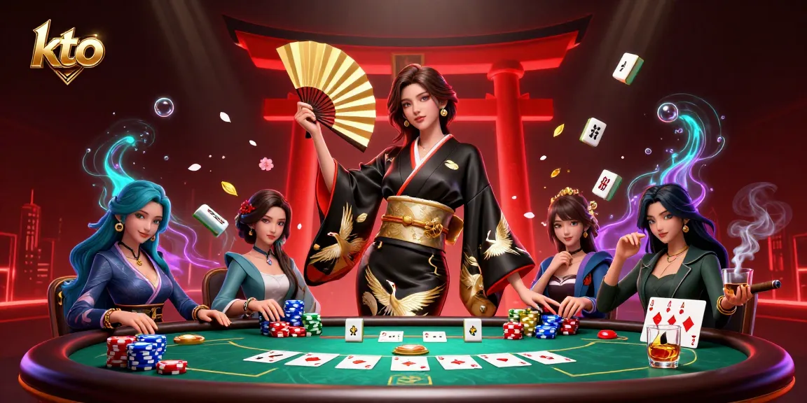 Experience exciting action at KTO Casino with dynamic poker scenes, elegant characters, and vibrant casino elements.