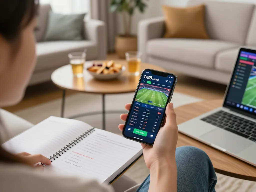 Engaging in sports betting via the Tr88 trang chủ app on a smartphone in a cozy living room.