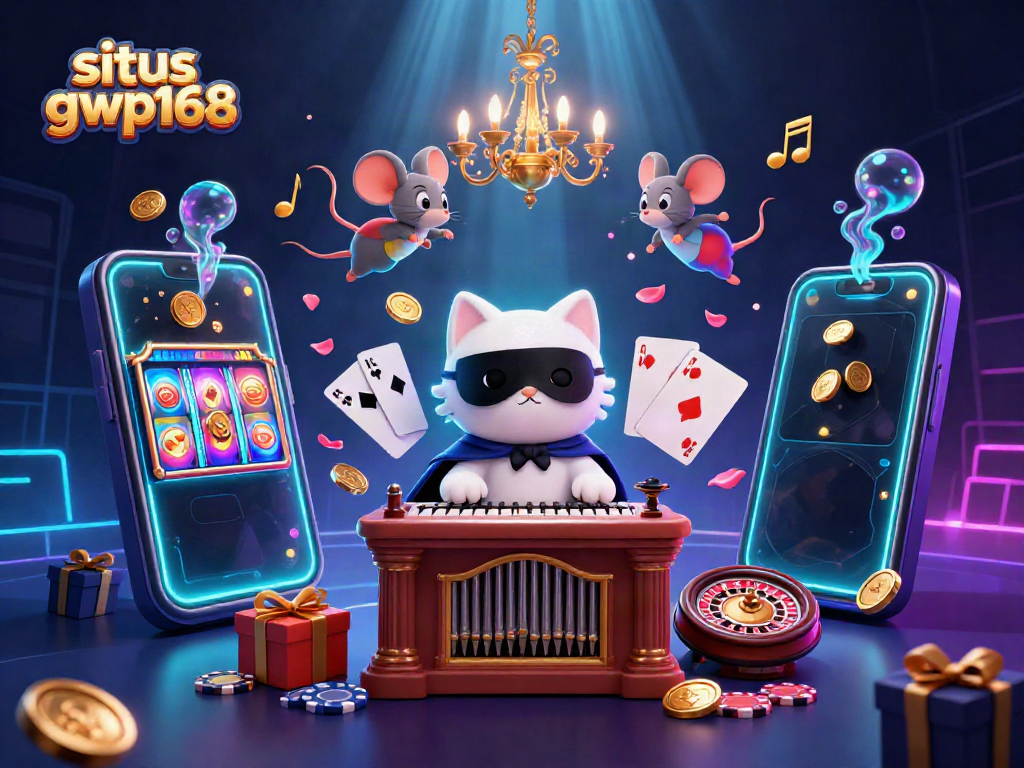 Menampilkan permainan interaktif kasino dengan situs gwp168, kartu poker, dan koin emas mengelilingi karakter utama.