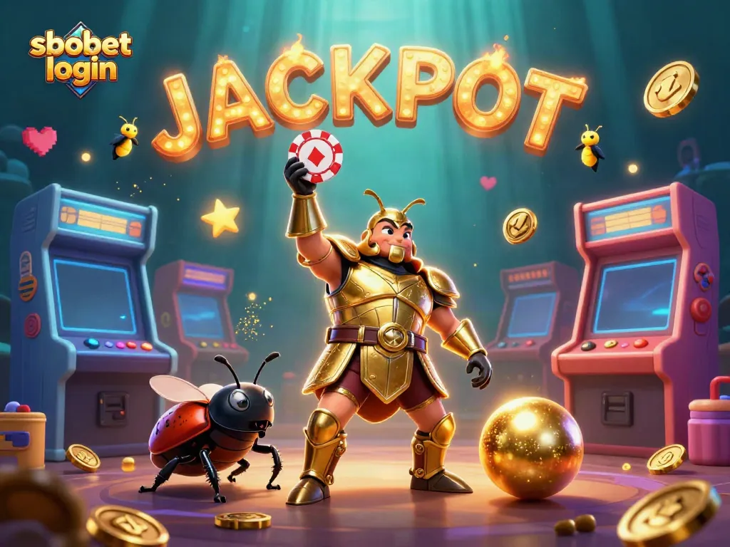 Engage in sbobet login with this vibrant 3D scene featuring victory and casino elements.