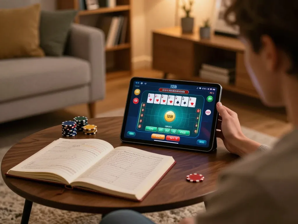 Person engaging in 123B online poker game, showcasing strategic betting and comfortable home setup.
