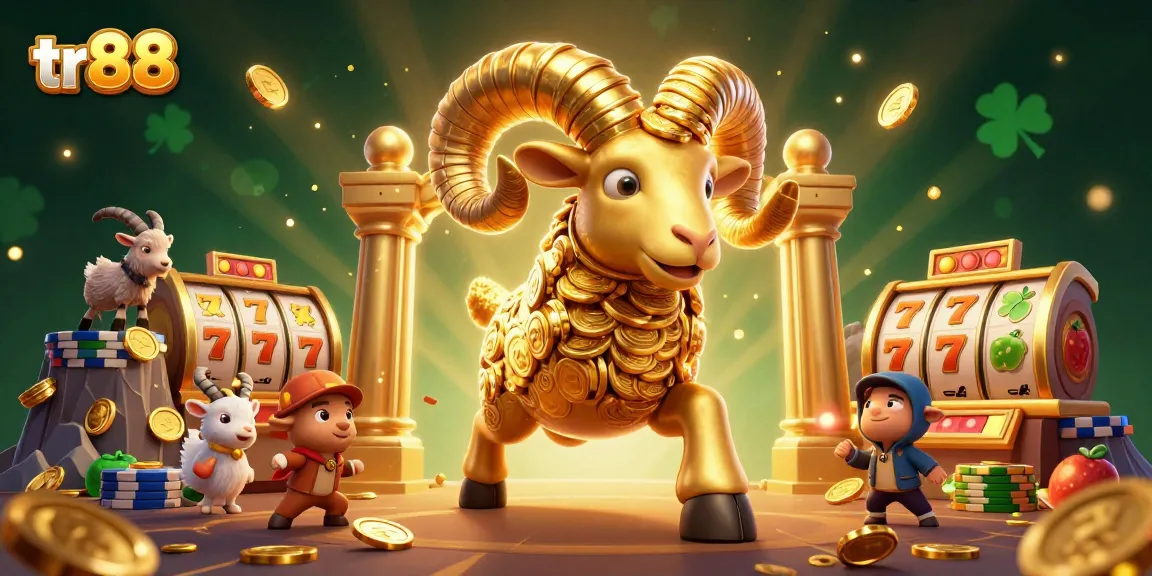 Spin jackpots at tr88 with colorful slot reels and golden ram charging through the gates.