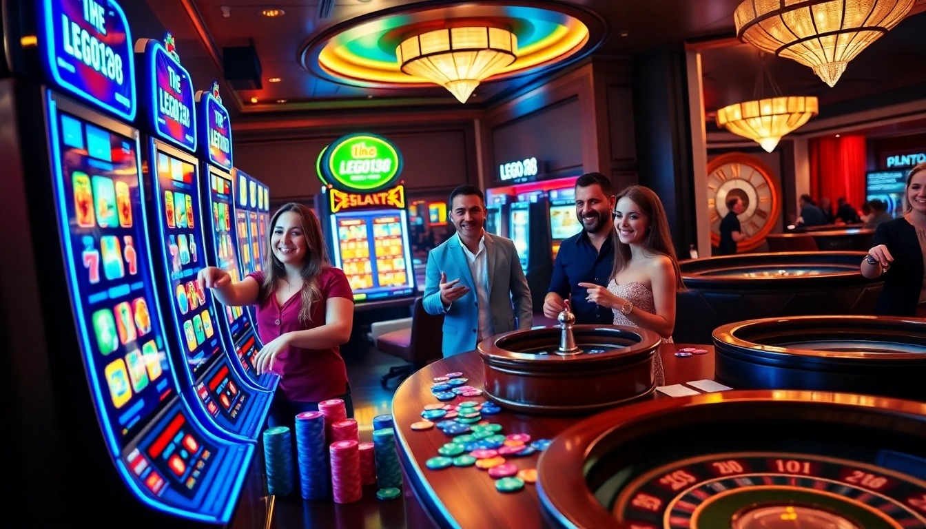 Engaging players enjoying the thrilling LEGO138 slot machines in a vibrant casino setting.