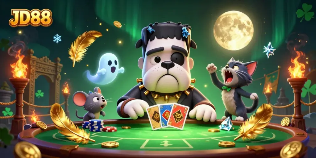 Engage in thrilling gameplay at JD88 with a lively scene of a cartoon bulldog dealer, ghost mouse, and howling kitten.