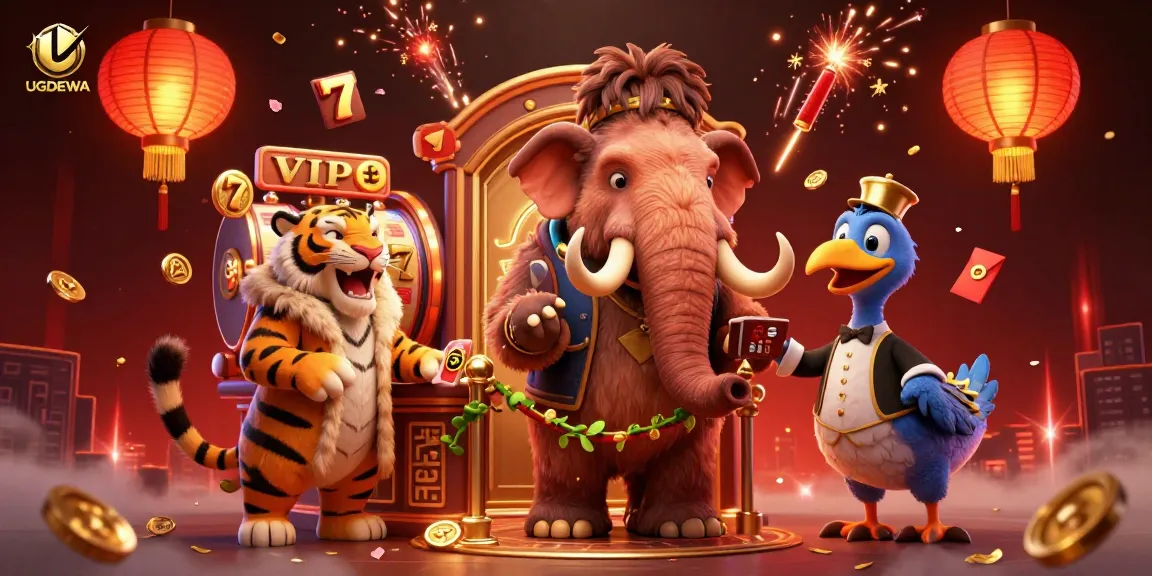 Engage with UGDEWA's vibrant casino scene featuring characters, slot reels, and festive decorations.