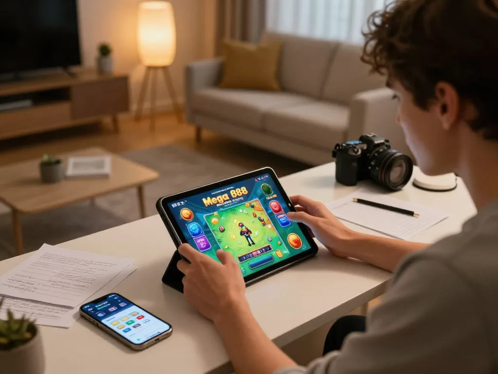 Mega 888 player engaged in online gaming on a tablet at home, highlighting strategic betting notes.
