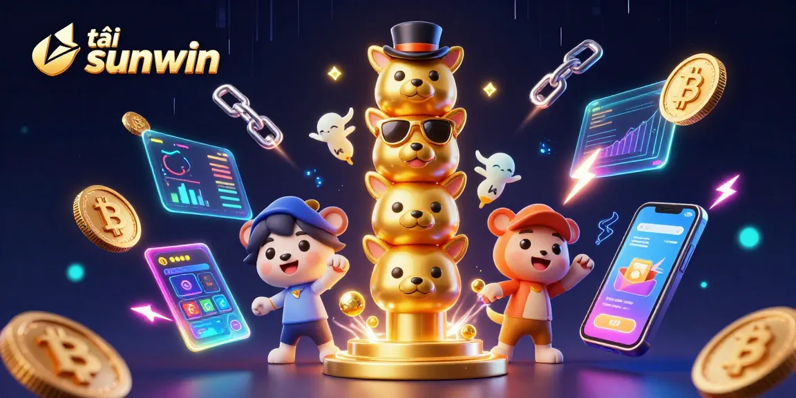 Experience thrilling gameplay with tải sunwin, featuring a vibrant 3D cartoon illustration of a golden totem and crypto elements.