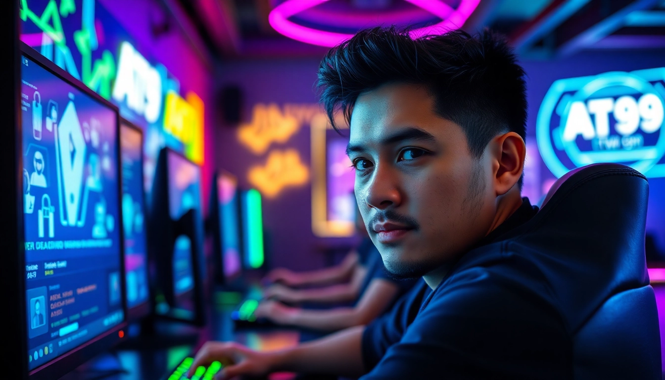 Experience the thrill of AT99娛樂 in an electrifying gaming environment with immersive digital elements.