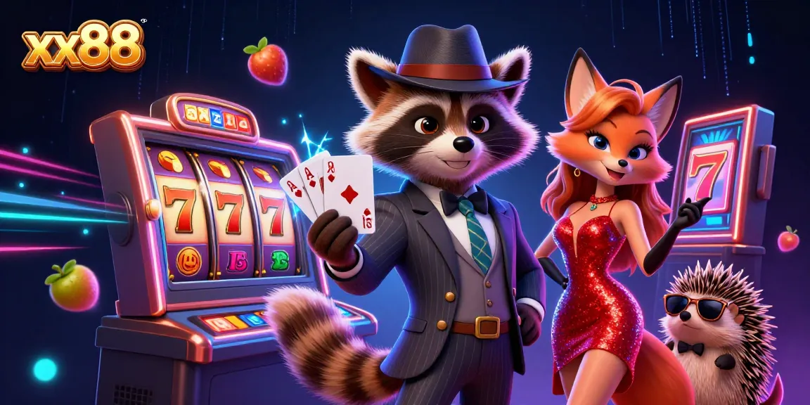 Engage in thrilling gameplay at xx88 with raccoon and fox characters celebrating jackpot wins.