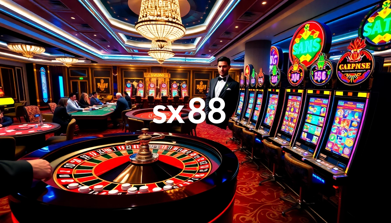 SX88 casino floor with vibrant roulette, poker tables, and colorful slot machines in an upscale setting.