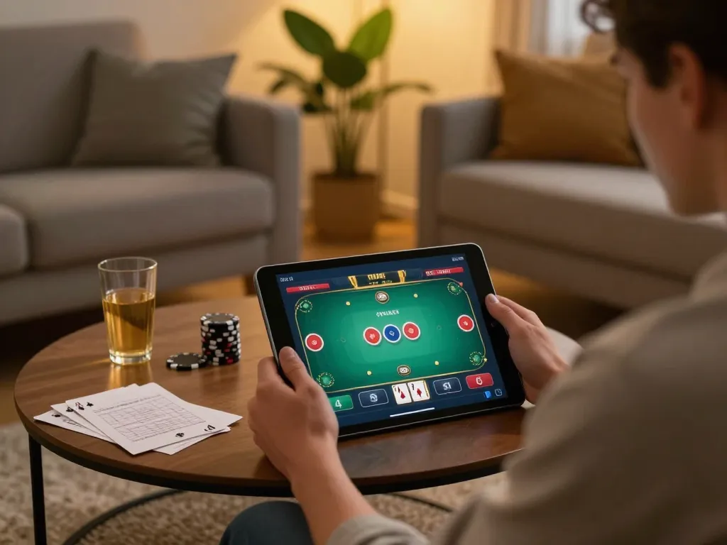 Engaging in mobile gaming on link f168 with an online poker table displayed on the tablet.