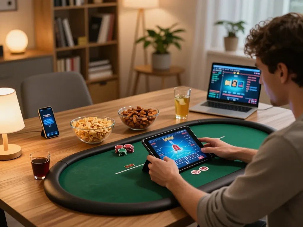 Pemain menikmati poker online di pengaturan permainan rumah trapstarstores dengan tablet dan dekorasi yang nyaman.