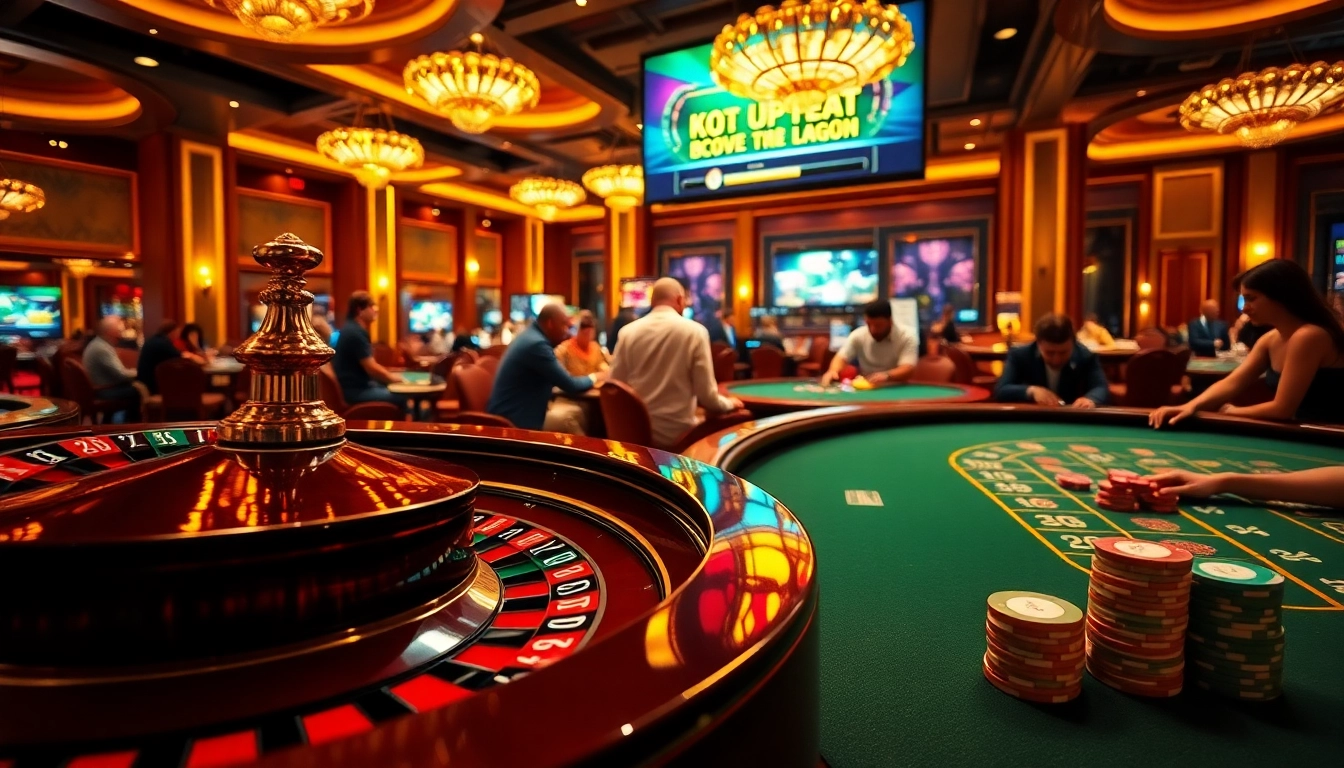 Kết quả xổ số hôm nay displayed prominently in a vibrant casino scene with poker chips and roulette wheel.
