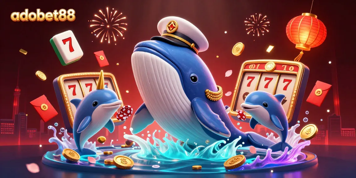 Experience winning thrills with adobet88's vibrant 3D casino scene featuring a whale, narwhal, and dolphins.