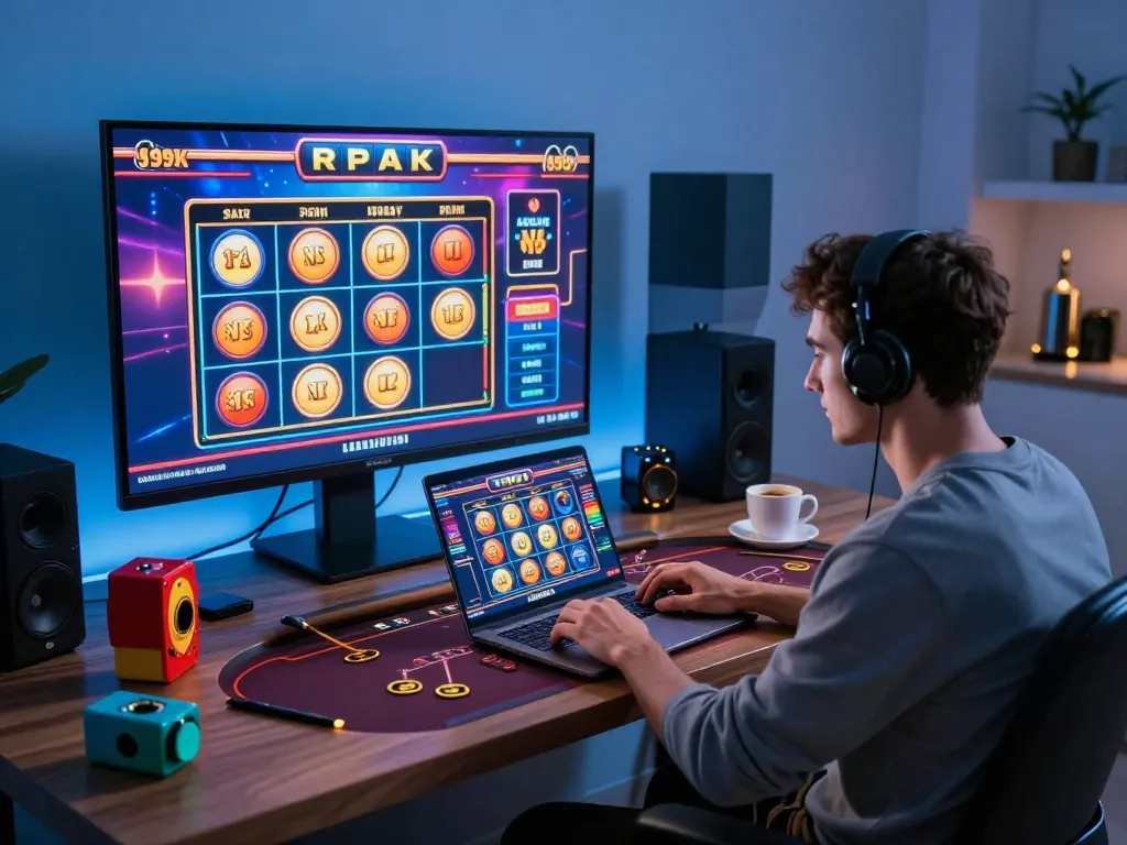 Engaging scene of online casinos where a player enjoys gaming on a laptop amidst a cozy atmosphere