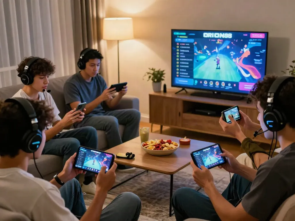 Players intensely engaged with the ORION88 mobile game in a cozy atmosphere