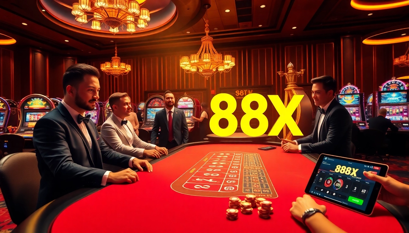 Experience vibrant 88xx gaming with excited players at a luxury casino table featuring roulette and blackjack action.