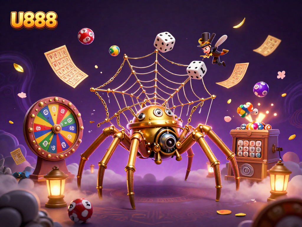 U888 interactive gaming scene featuring a steampunk spider amidst vibrant lottery elements.
