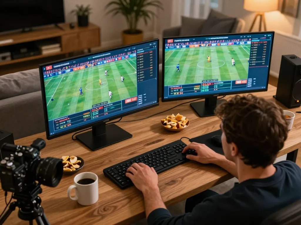 Engaging scene of sports betting at home on https://keonhacai5.mobi/ with multiple screens showing live odds and events.