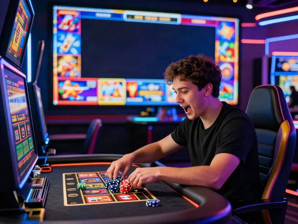Player engaging with akunjp jackpot slots at a bright gaming table with vivid animations and lively atmosphere.