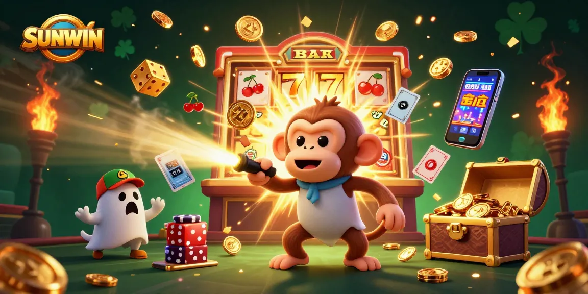 SUNWIN brings excitement as a ghostly monkey juggles golden casino objects in a vibrant scene.