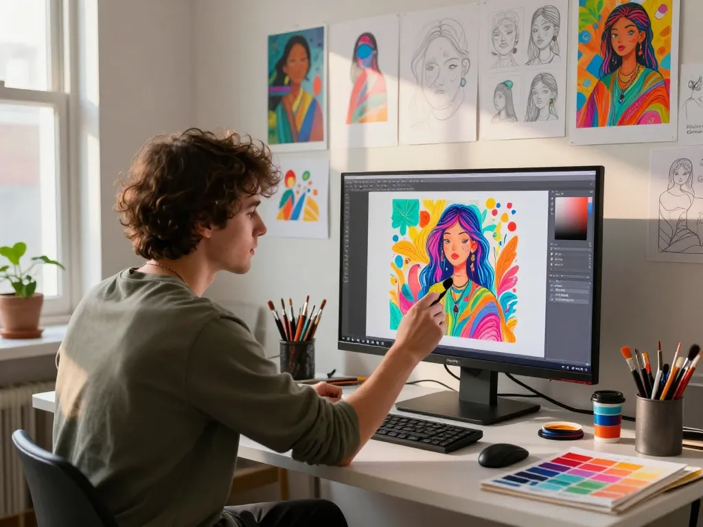 Artist using an AI NSFW image generator in a vibrant digital studio.