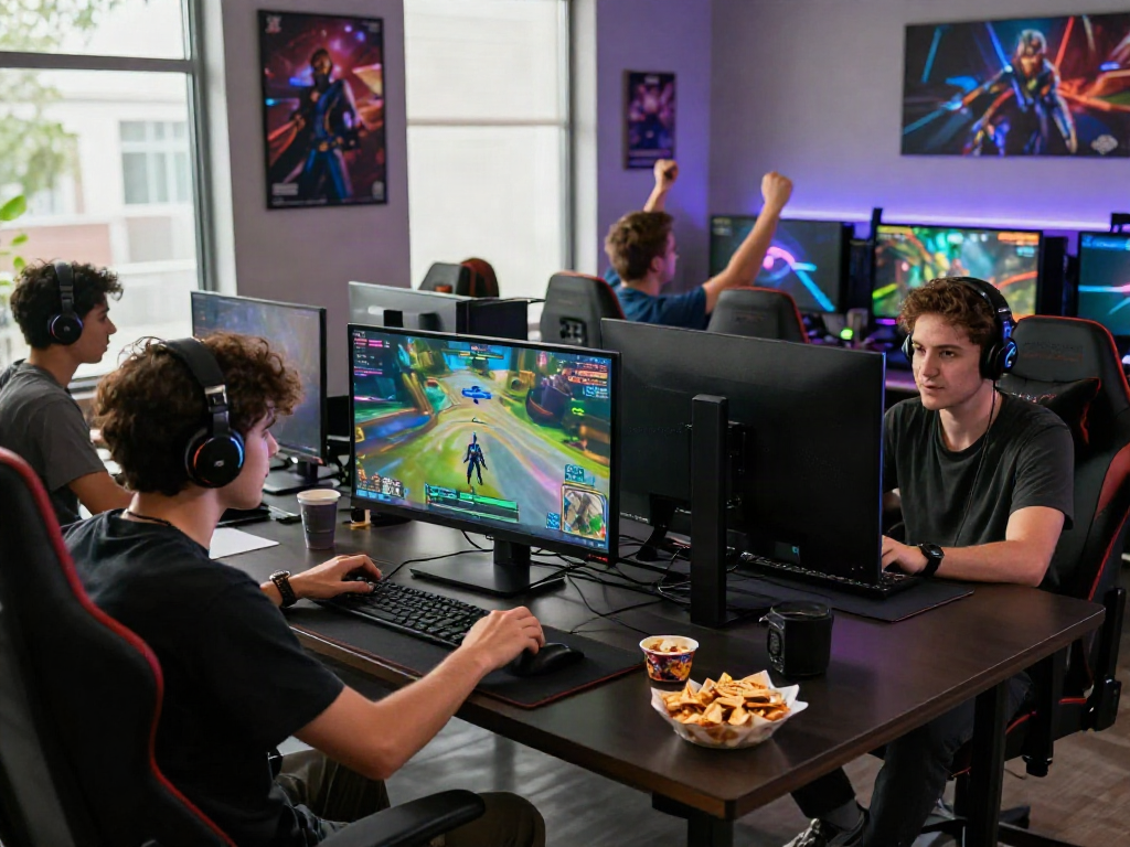 A80 gaming scene with friends engaged in competitive online gaming, showcasing vibrant screens and an energetic environment.