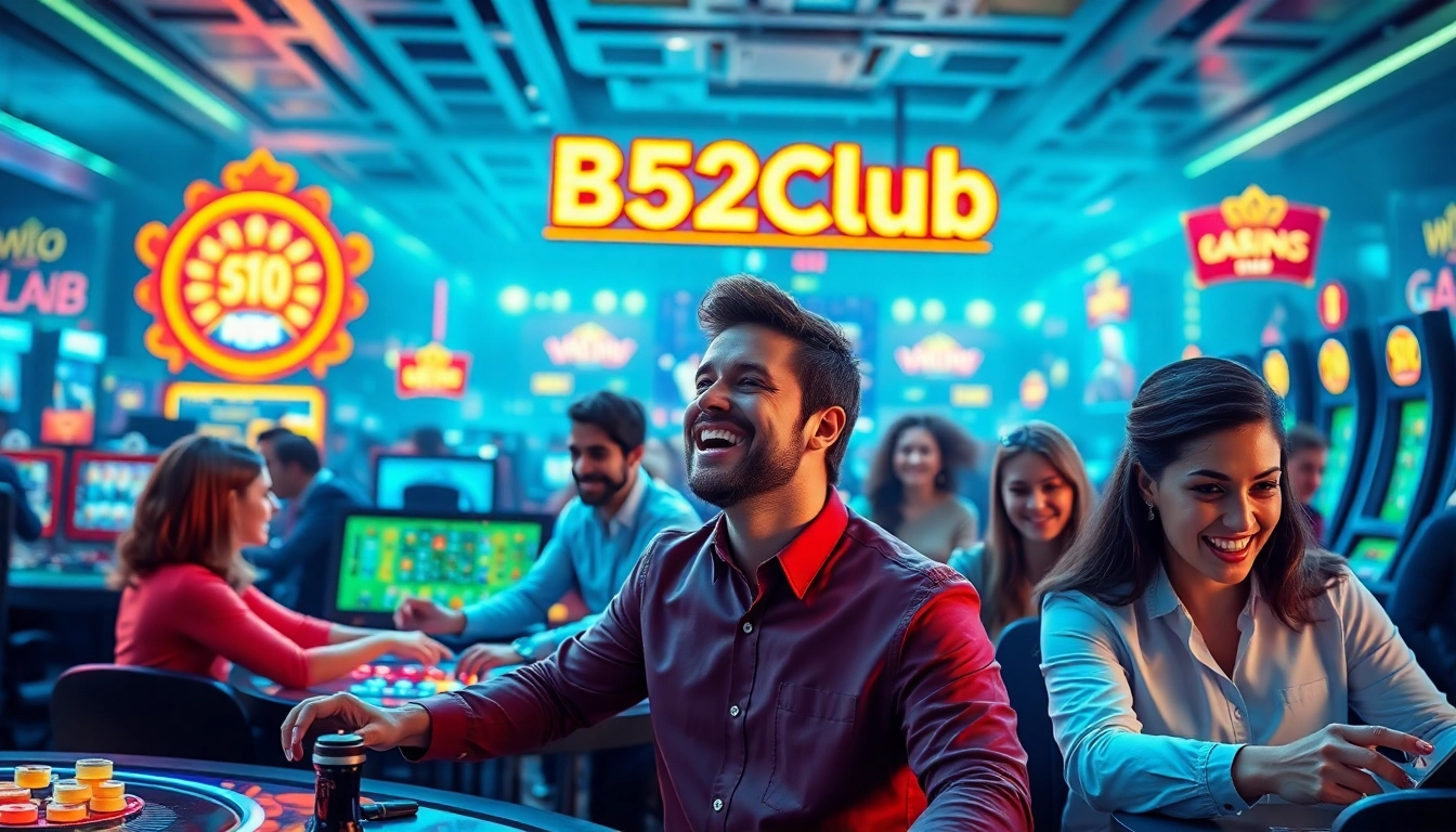 B52 Club vibrant online gaming scene with diverse players enjoying live casino games and jackpot wins.