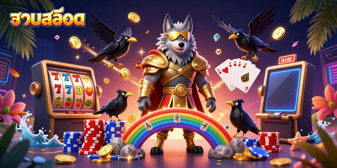 Engage with รวมสล็อต featuring Odin, and ravens with casino elements in a vibrant 3D illustration.