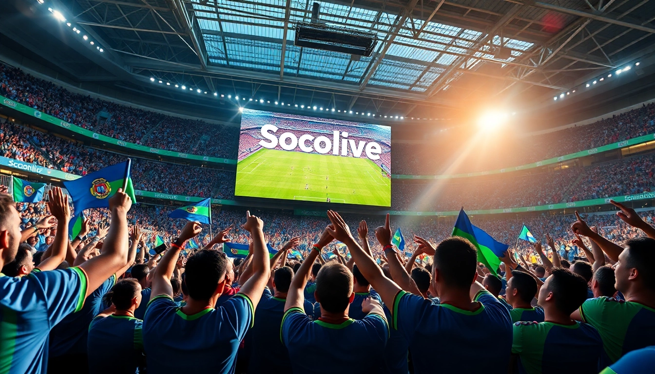 Socolive showcases live football action with fans in a stadium celebrating an exciting match.