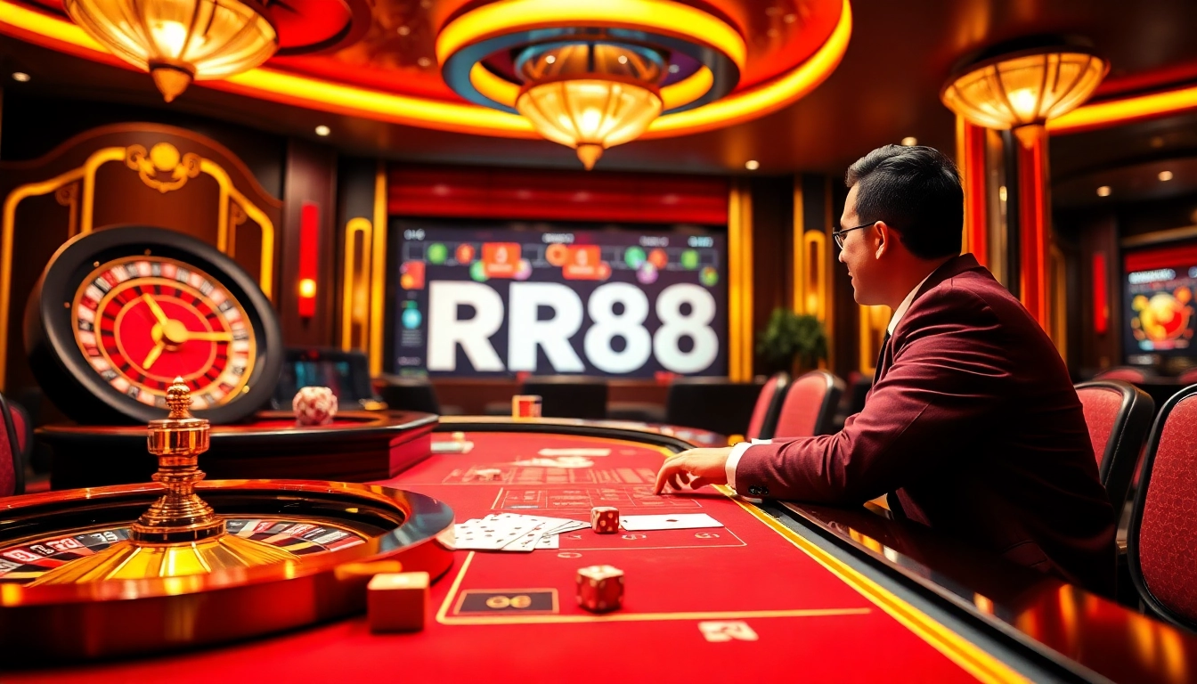 Engage with high-stakes gaming at RR88, showcasing a vibrant casino scene with roulette and cards.