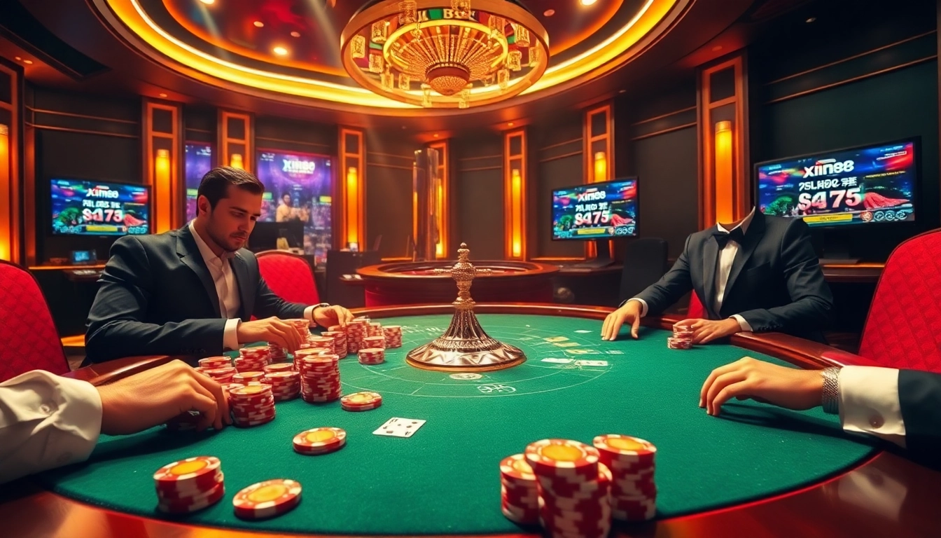 Excited players engage in a thrilling game of poker at Xin88’s luxurious casino table.